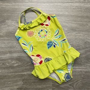 Tea Collection Lime Green Floral Print Ruffled One-Piece Swimsuit Size 4